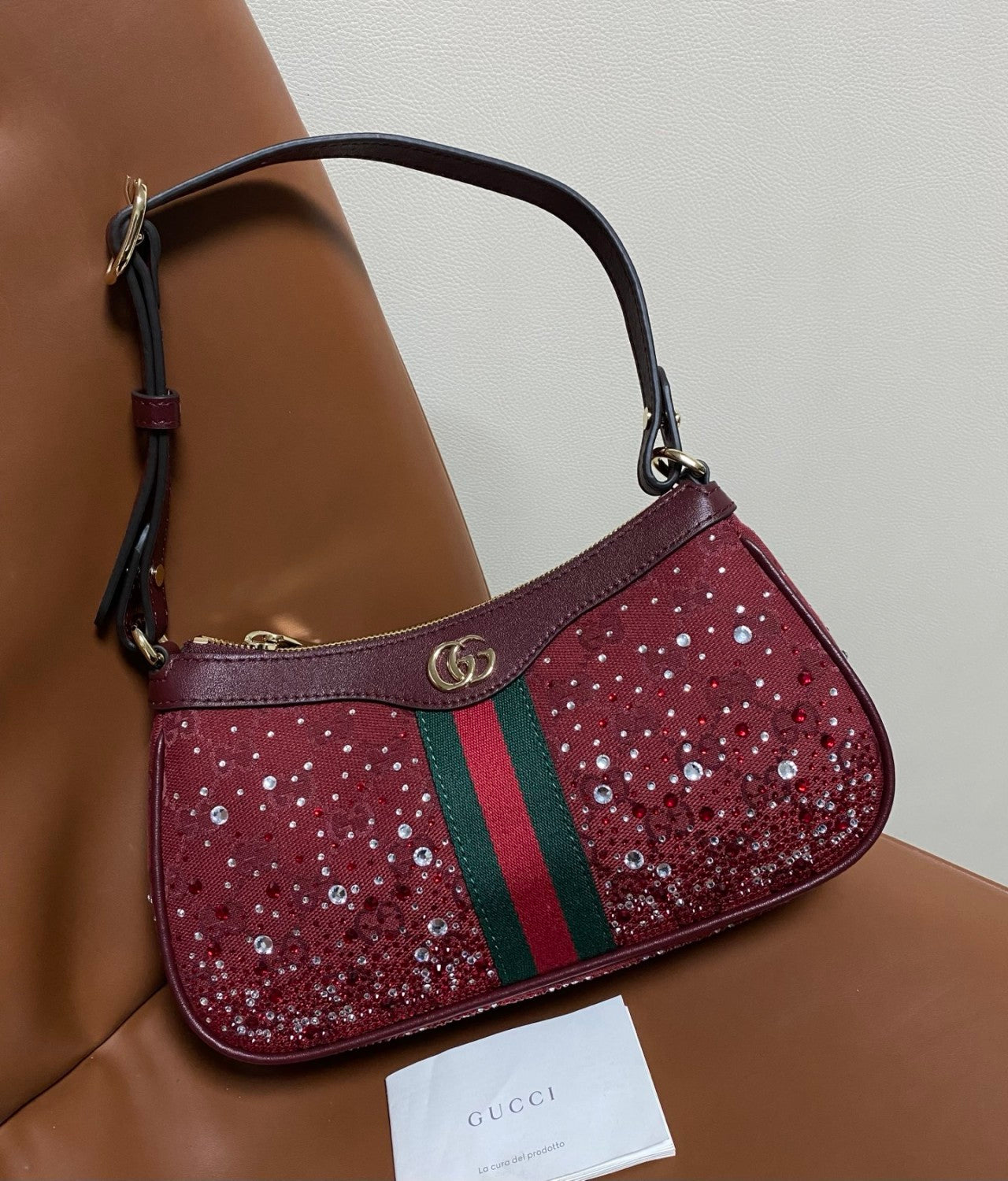 Gucci Ophidia crystals small shoulder bag in Rosso Ancora red GG canvas #335871