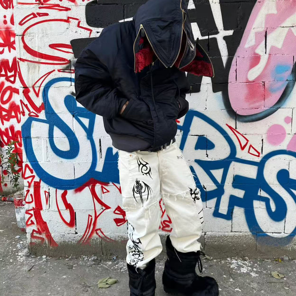 Vetements Men's High Street Vintage Show Co-branded Opium Deconstructed Splicing Tattoo Print White Denim Pants Fashion Trend Casual Pants Ngvp #2446