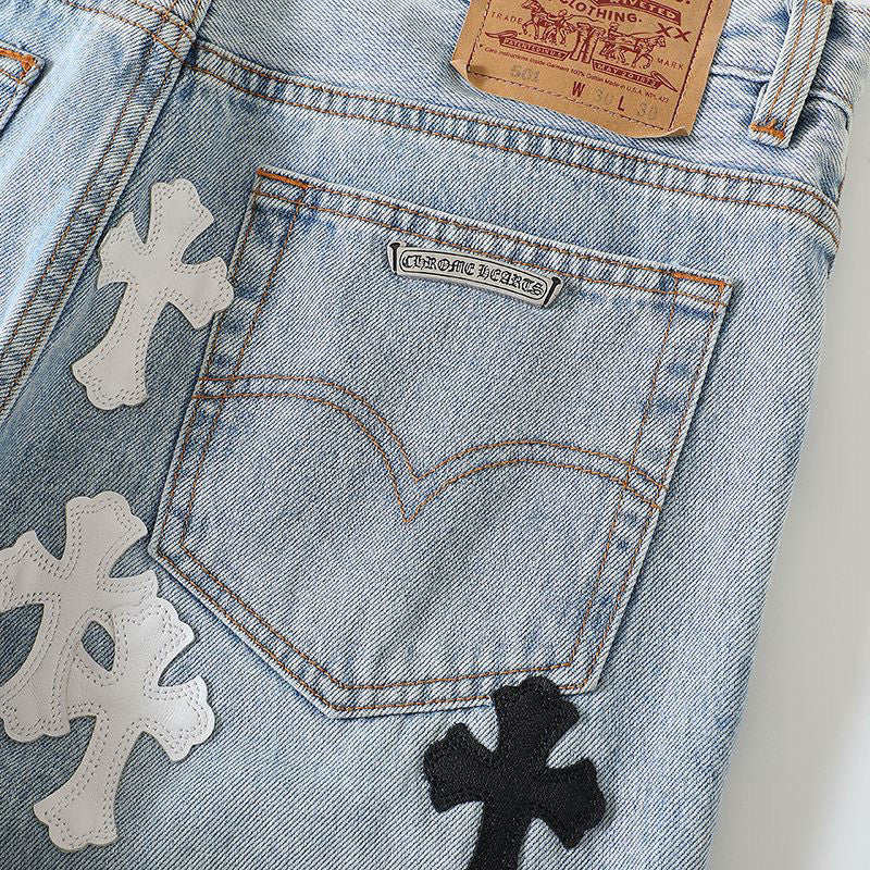 Chrome Hearts Light Blue Graffiti Jeans Pants #96564