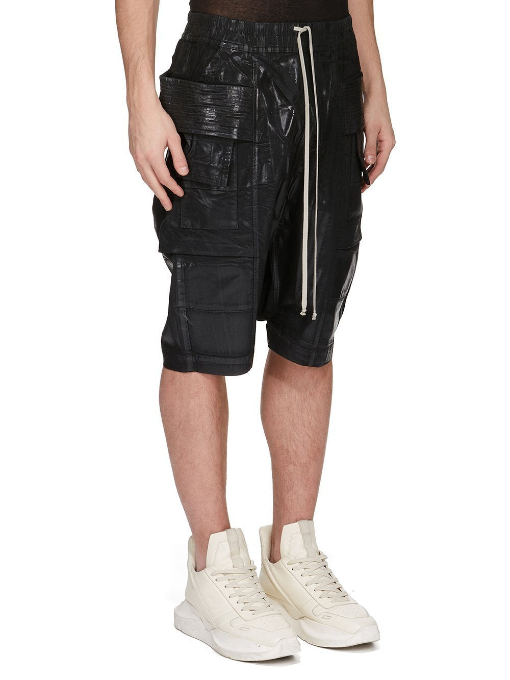 Rick Owens Dekshdw Men's Summer Flap Pocket Waxed Elastic Waist Solid Color Loose Fit Denim Shorts Ngvp #1548