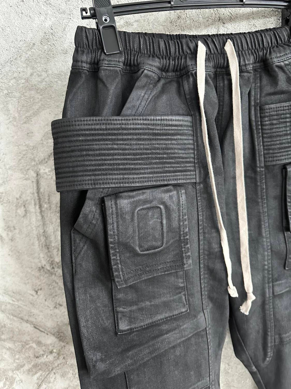Rick Owens Men's Spring and Autumn Black Large Pocket Cotton Lace-Up Casual Work Pants #73375