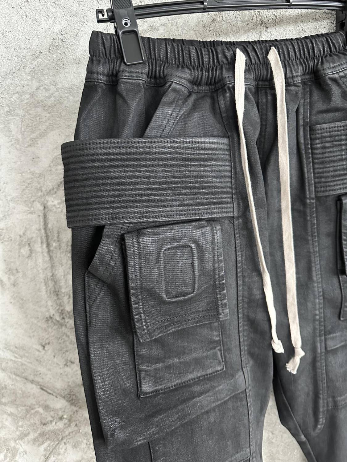 Rick Owens Men's Spring and Autumn Black Large Pocket Cotton Lace-Up Casual Work Pants #73375