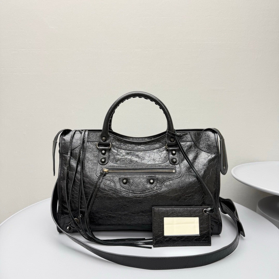 Balenciaga Le City Medium And Small Handbags Silver And Black Accents Imported Lambskin Biker Bag Riveted Tote Crossbody Bags #84168A