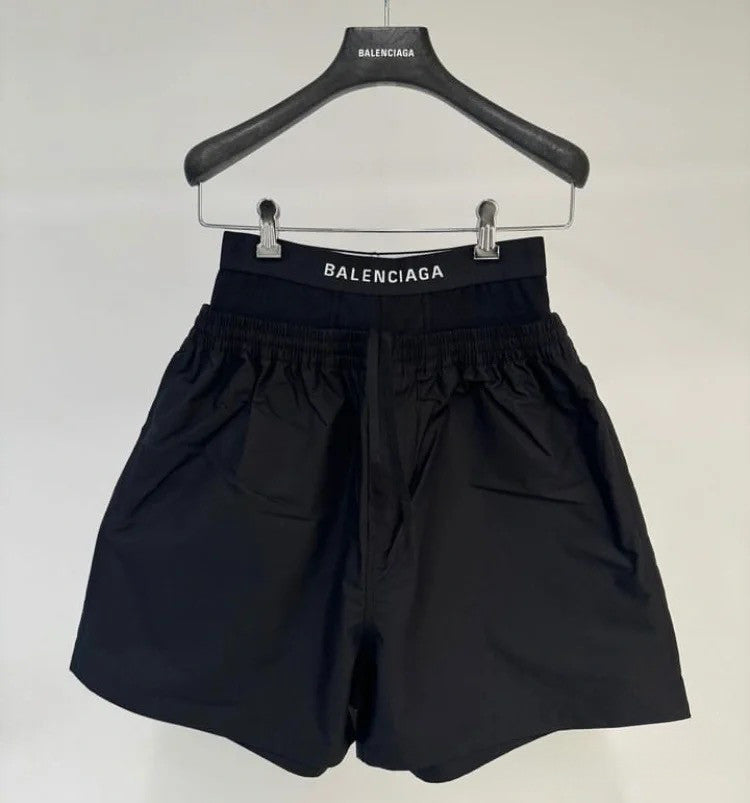 Balenciaga Women's Spring Summer Logo Letter Belt Patchwork Shorts Comfortable Black Casual Pants #99392