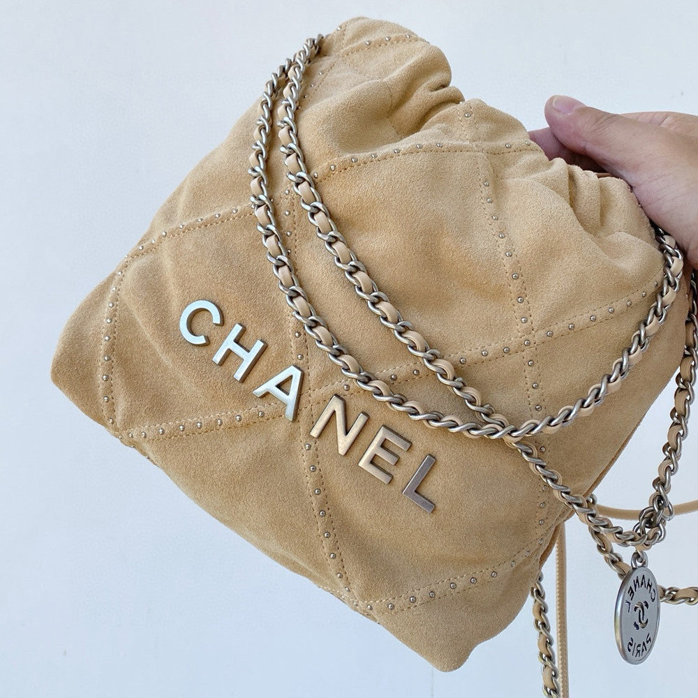 Chanel 22 Bag Mini Bags 18 X 20 X 6.5 CM Collection Link Suede Rivet Style Antique Silver Buckle Italian Bonaudo Suede Calfskin Apricot Silver Buckle Women's Luxury Chain-strap Tote Bag Bags Metallic-colored Leather Tends To Fade Easily  #193540