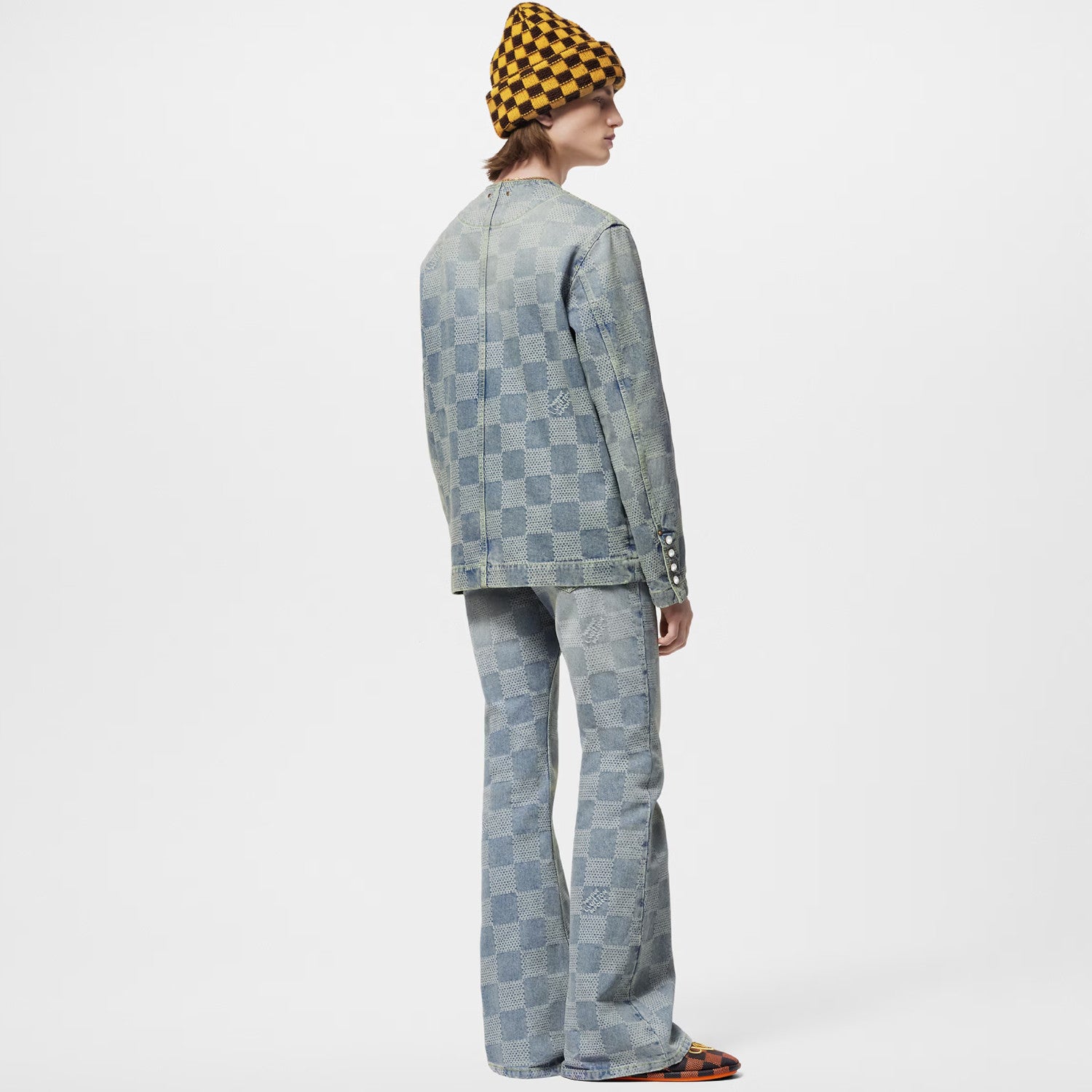 Louis Vuitton Men's Spring And Fall Fashion Plaid Denim Suit Gradient Wash Vintage Round Neck Jacket Casual Flared Pants Ngvp #8155