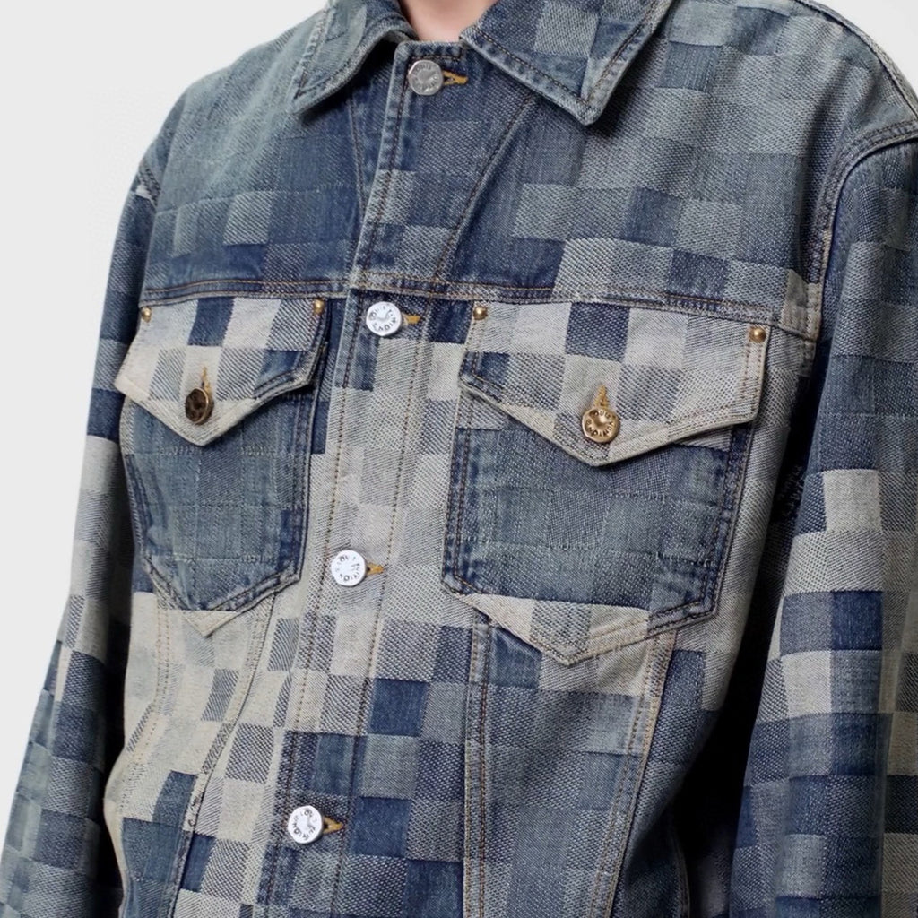 Louis Vuitton Men's Spring And Fall Fashion Plaid Denim Suit Gradient Washed Vintage Jacket Straight Casual Pants Ngvp #8154