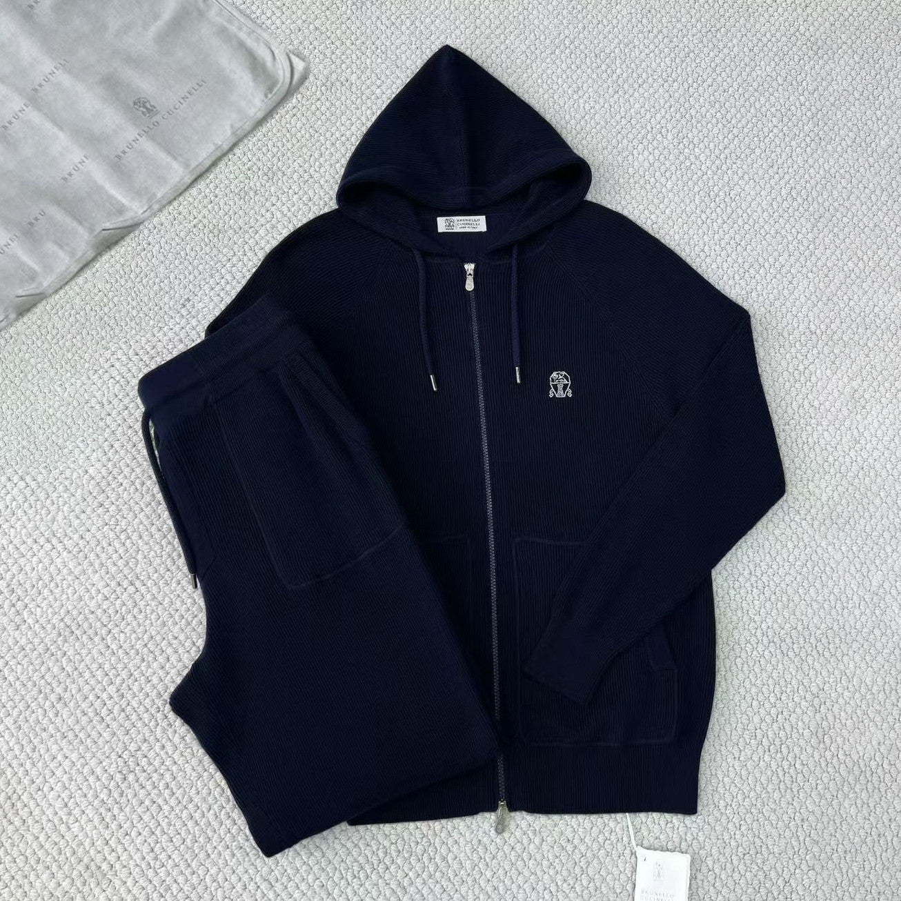 Brunello Cucinelli Men's Spring/autumn Fashion Casual Solid Color Logo Zipper Hoodie Ribbed Cotton Knit Pants Zipper Cuffs Suit Set #78353