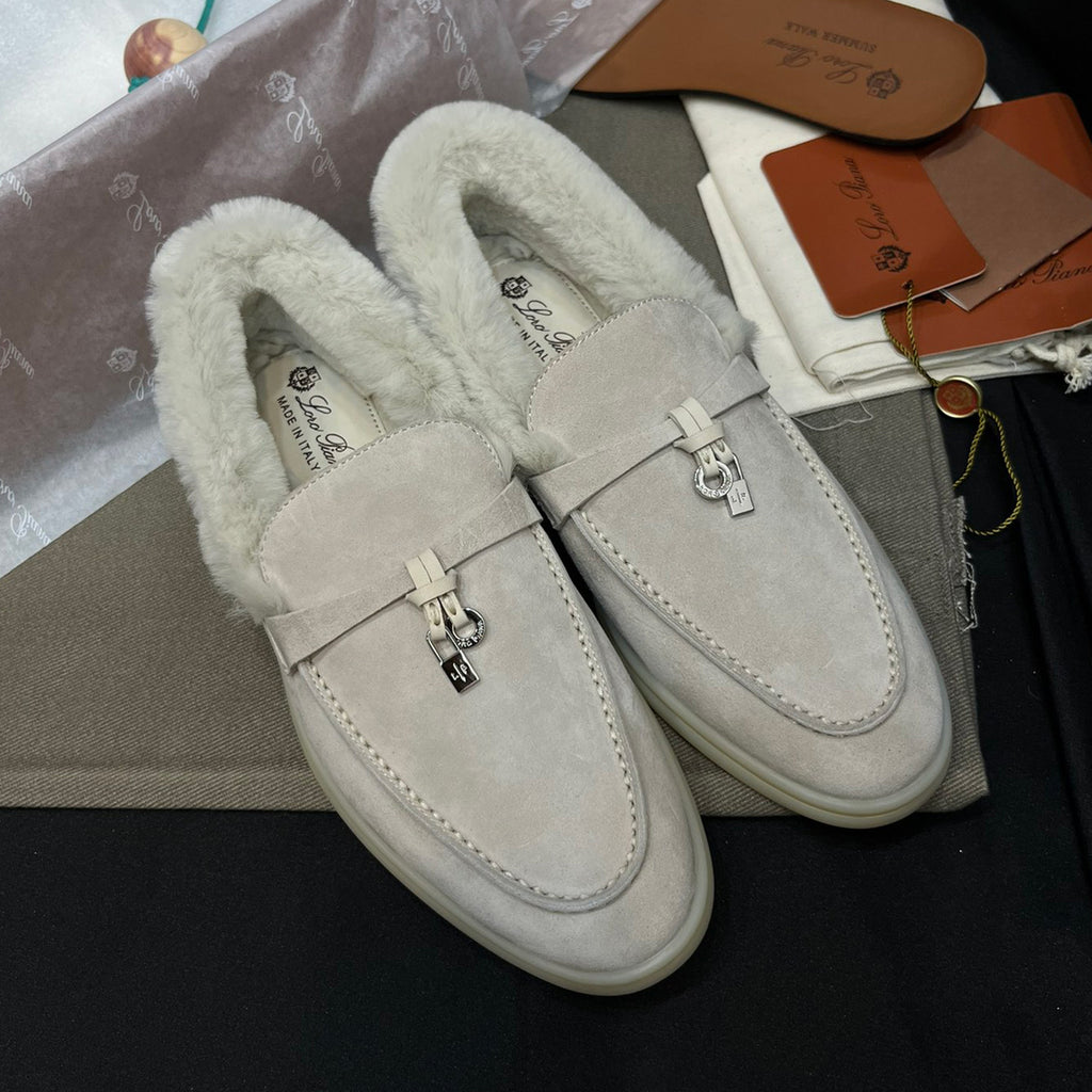 Loro Piana Women's Summer Charms Walk Moccasin Shoes Spring/Summer/Fall Solid-Color Beaver Fur Round-Toe Loafers Casual Shoes #81598