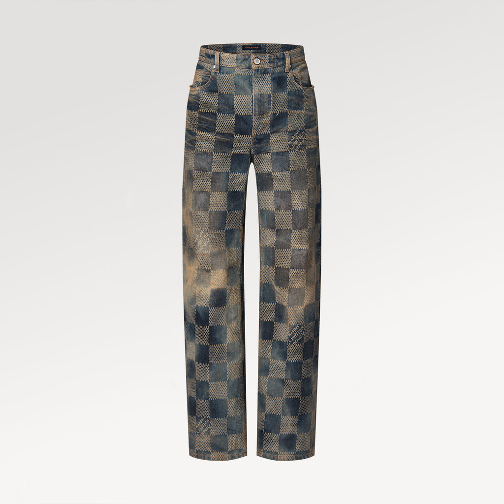 Louis Vuitton Men's Damier Washed Skateboarding Jeans Spring And Autumn Checkerboard Check Vintage Old Denim Trousers Straight Wide-leg Pants #71847