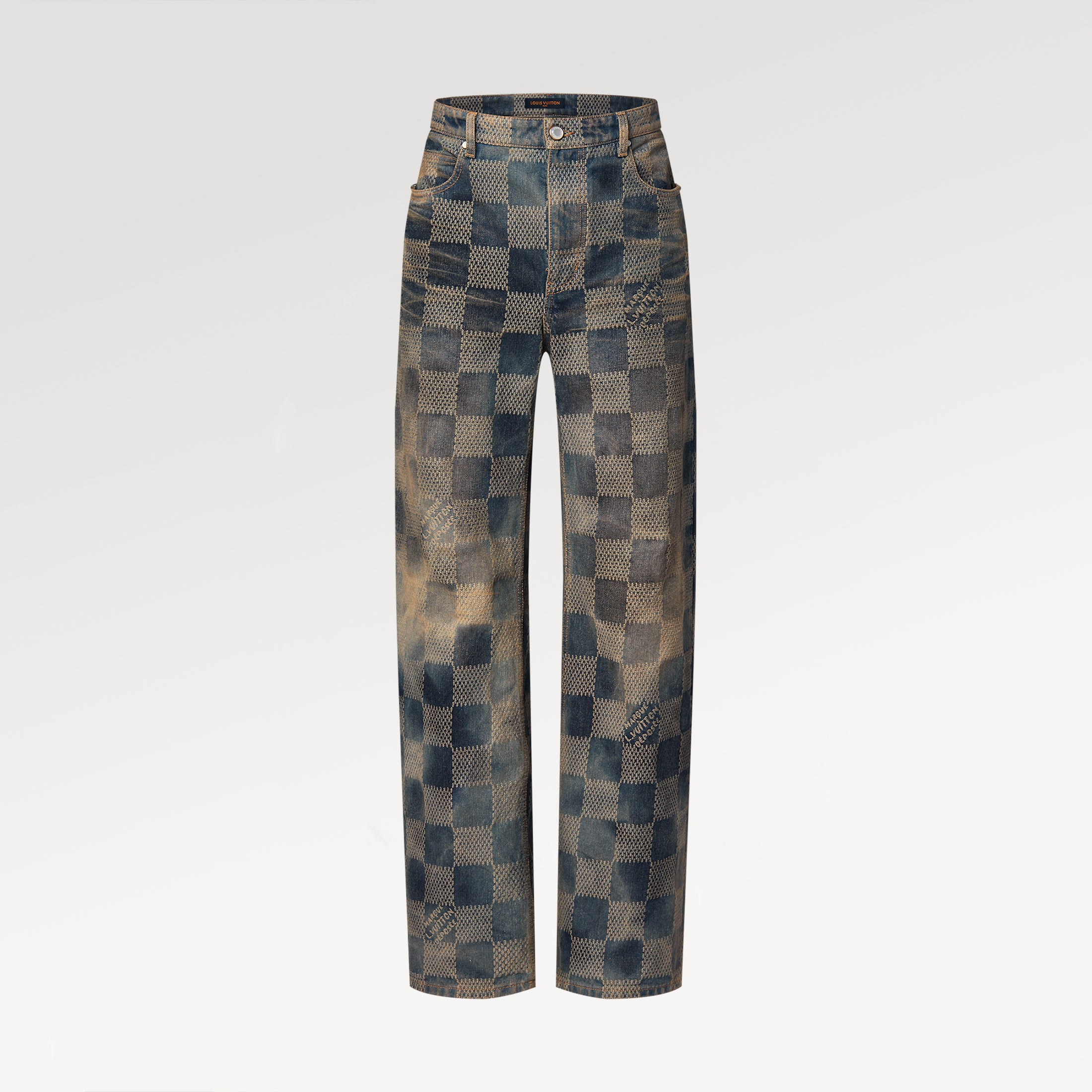 Louis Vuitton Men's Damier Washed Skateboarding Jeans Spring And Autumn Checkerboard Check Vintage Old Denim Trousers Straight Wide-leg Pants #71847