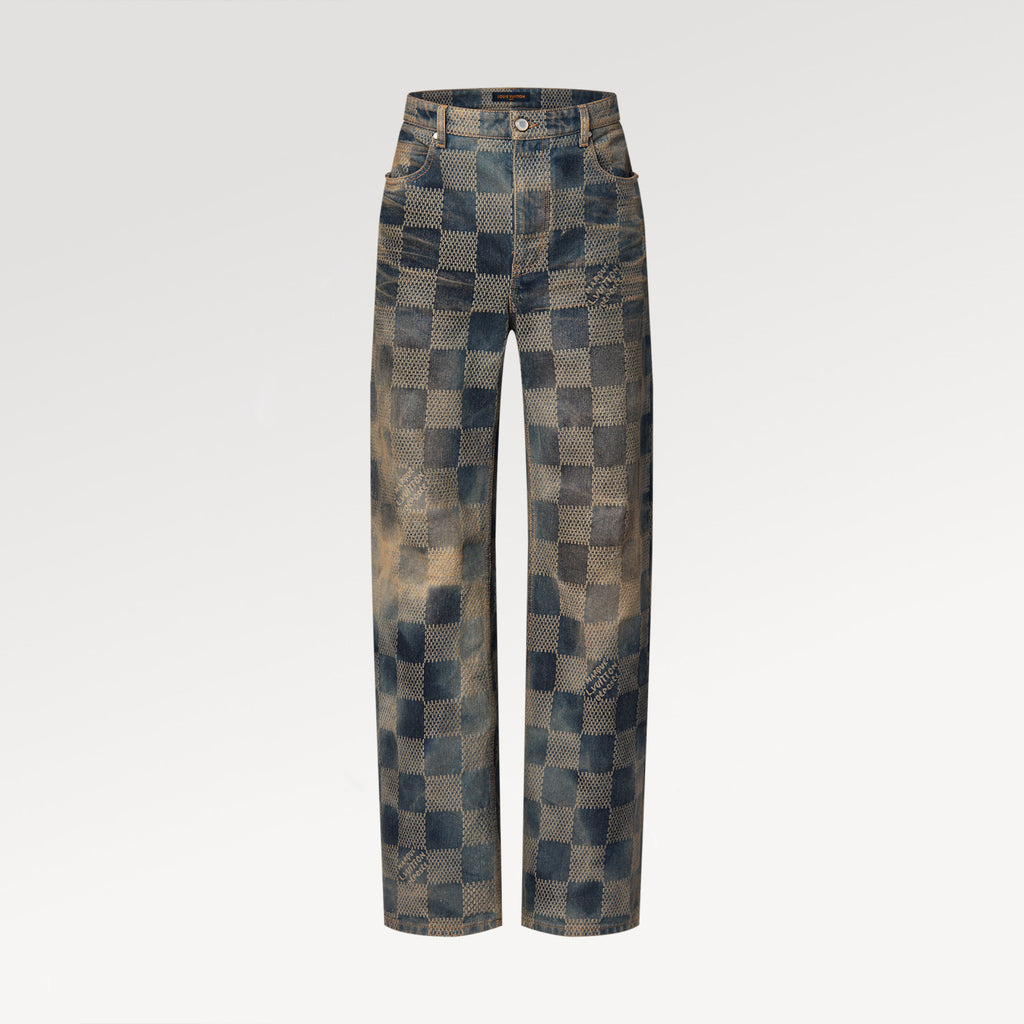 Louis Vuitton Men's Damier Washed Skateboarding Jeans Spring And Autumn Checkerboard Check Vintage Old Denim Trousers Straight Wide-leg Pants #71847