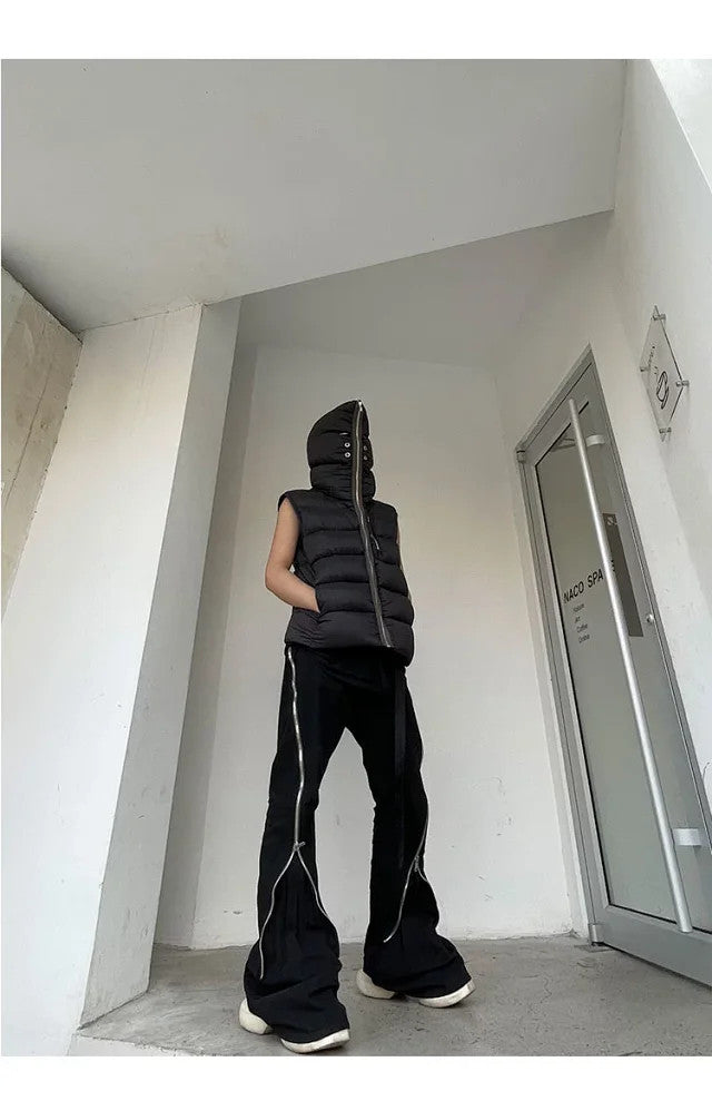 Rick Owens Men's Fall/Winter Dark Style Casual Solid-Color Full-Zip Hooded Quilted Down Vest Ngvp #2521