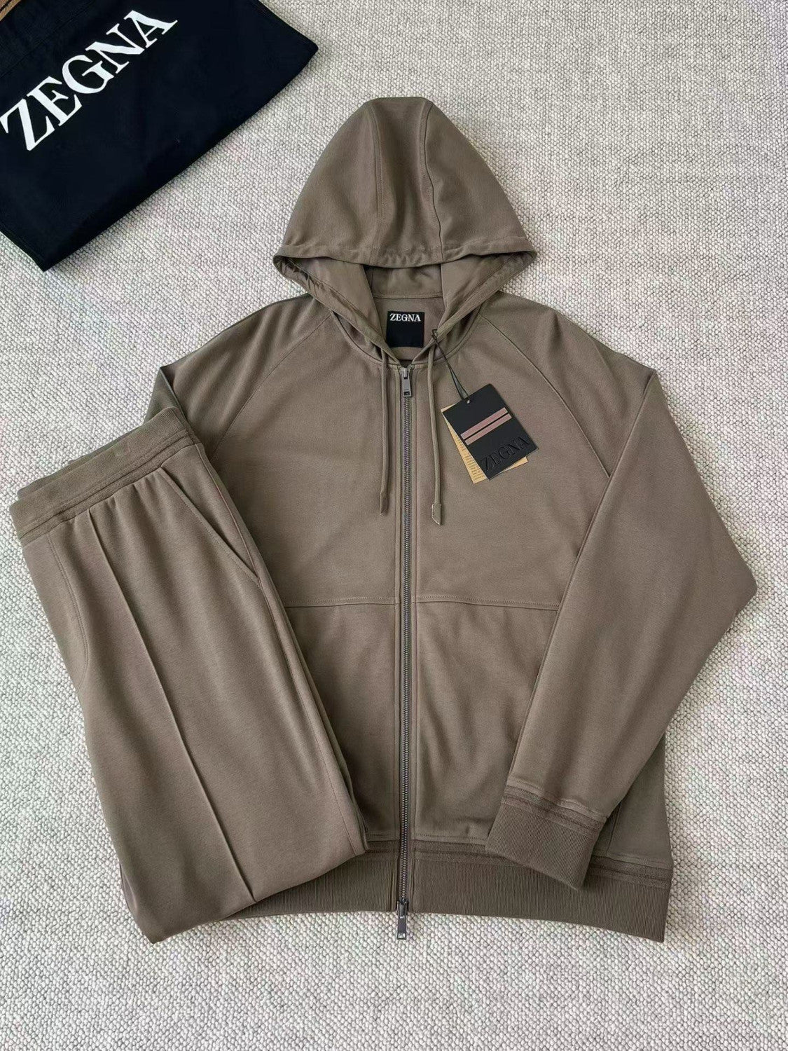 Zegna Solid Color Cotton Casual Hooded Zipper Sweatshirt and Pants #377852