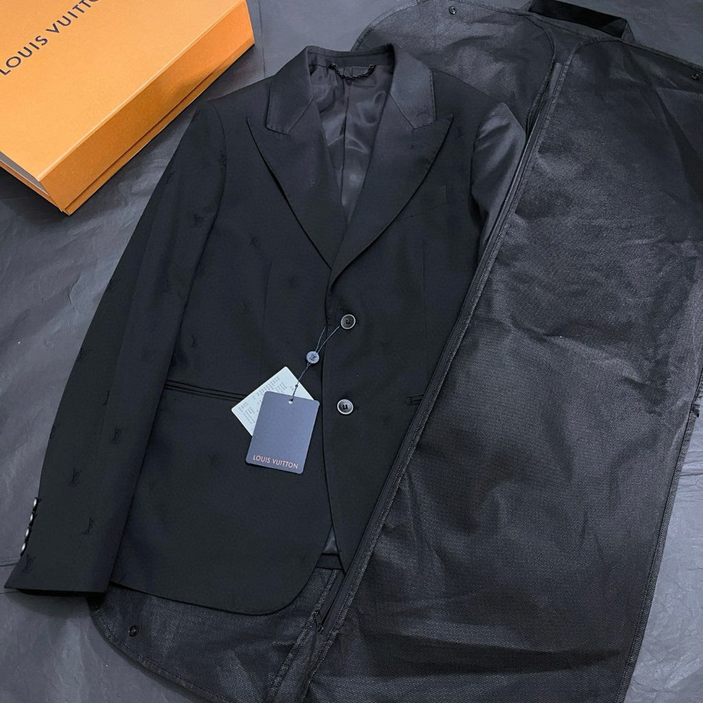 Louis Vuitton Men's Spring/Autumn Solid Colour Embroidered Hidden Pattern Printed V-Neck Single-Breasted Long-Sleeved Suit Jacket and Trousers Set Suit #77442
