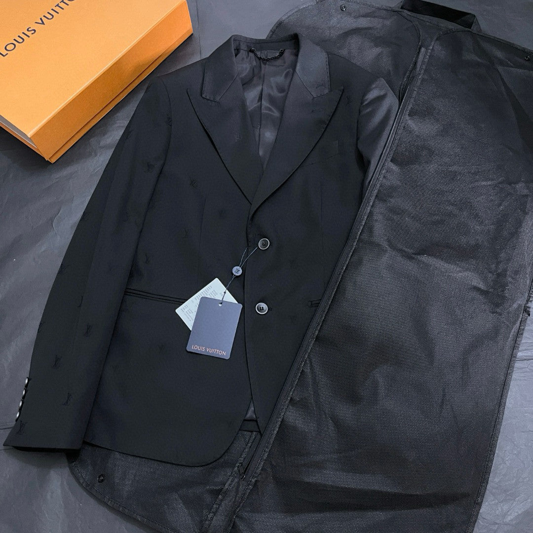 Louis Vuitton Men's Spring/Autumn Solid Colour Embroidered Hidden Pattern Printed V-Neck Single-Breasted Long-Sleeved Suit Jacket and Trousers Set Suit #77442