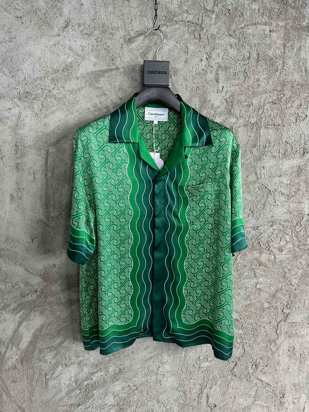 Casablanca Men's Summer Green Line Wave Print Lapel Single Breasted Short Sleeve Shirt Drawstring Tie Shorts Set Suit #73575