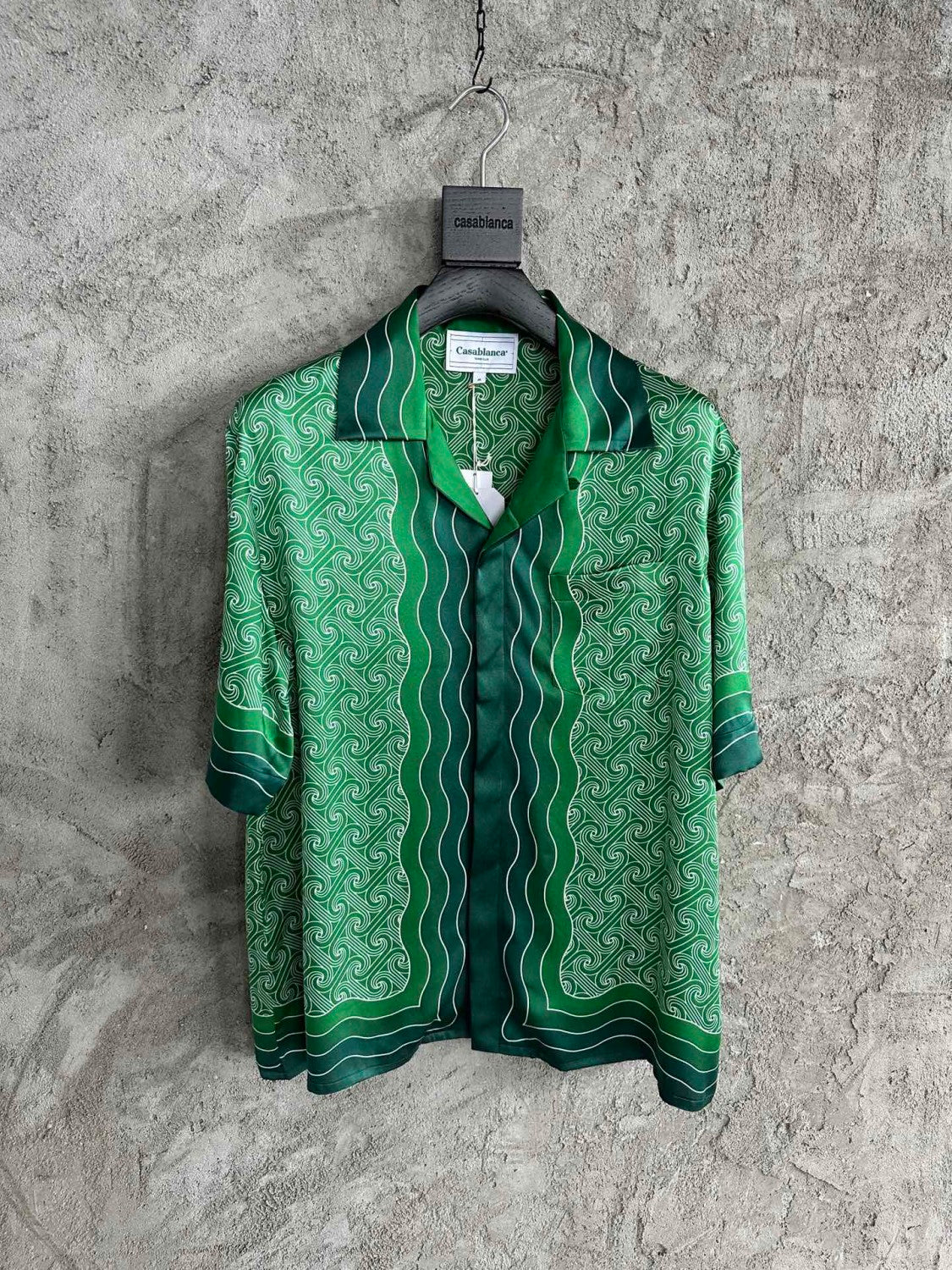 Casablanca Men's Summer Green Line Wave Print Lapel Single Breasted Short Sleeve Shirt Drawstring Tie Shorts Set Suit #73575