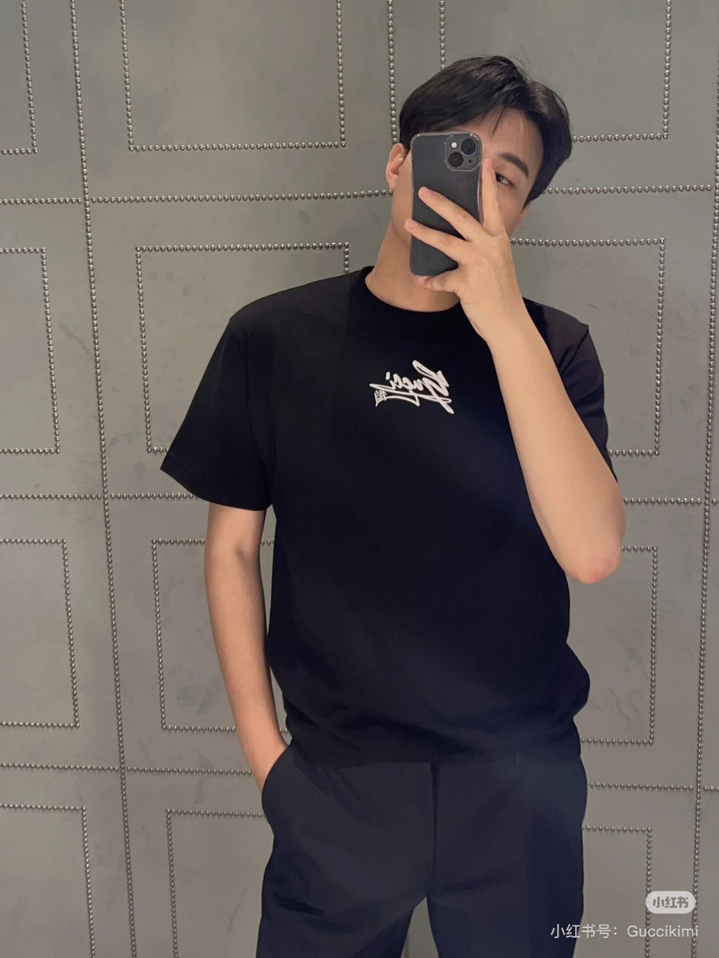 Gucci Men's Spring And Summer All Black Letters Printed Knitted Cotton T-shirt Retro Fashion Loose Short-sleeved T-shirt #71485