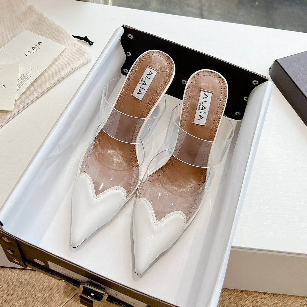 Alaia Women's Summer Fashion Elegant Pointed Toe Heart Shaped Mule Stiletto Leather Sole High Heels #78328