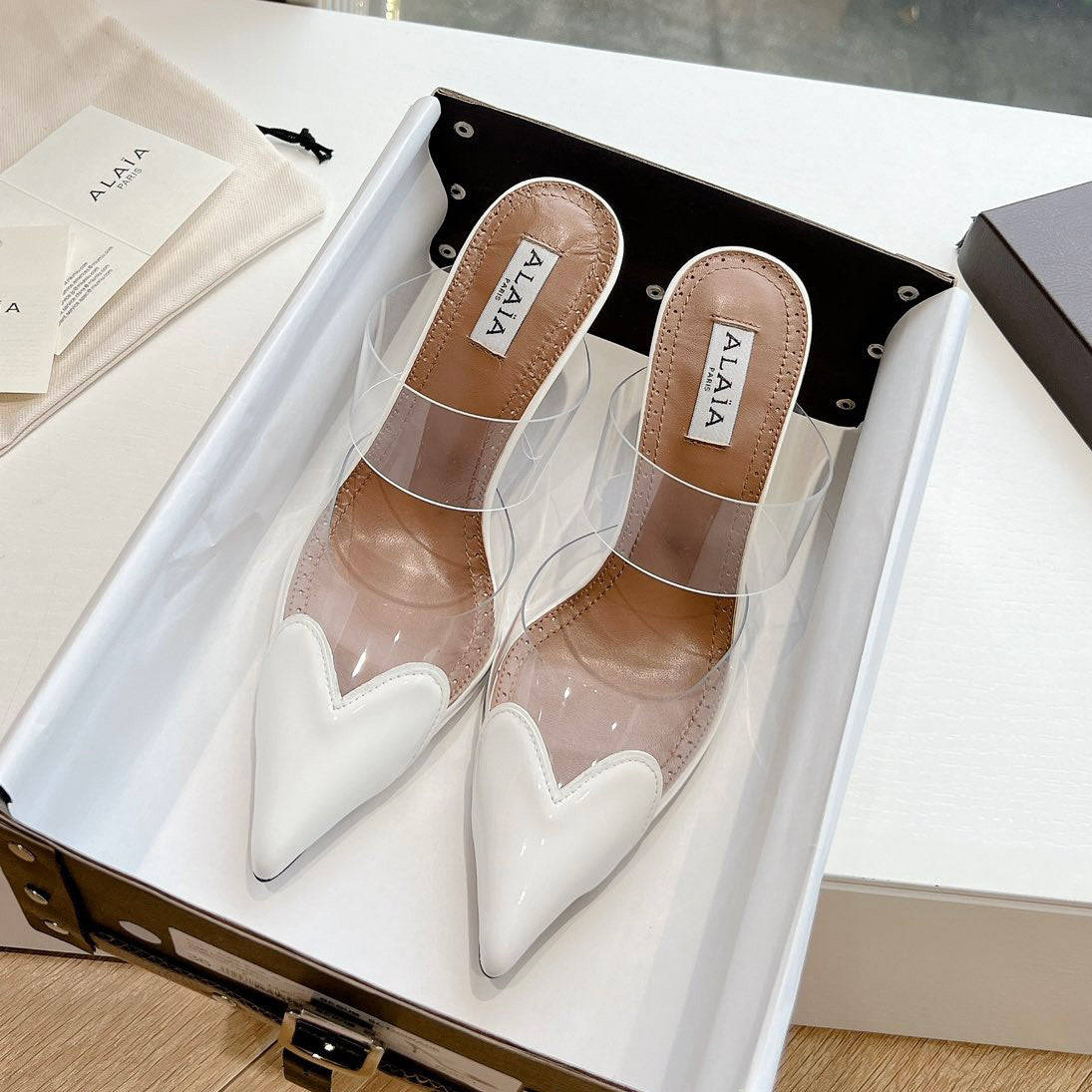 Alaia Women's Summer Fashion Elegant Pointed Toe Heart Shaped Mule Stiletto Leather Sole High Heels #78328