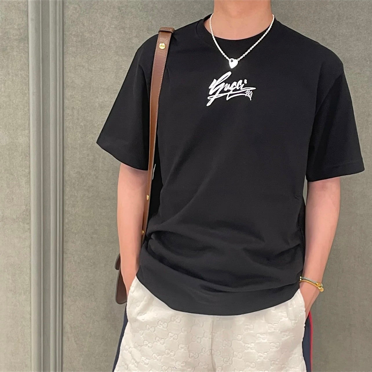Gucci Men's Spring And Summer All Black Letters Printed Knitted Cotton T-shirt Retro Fashion Loose Short-sleeved T-shirt #71485