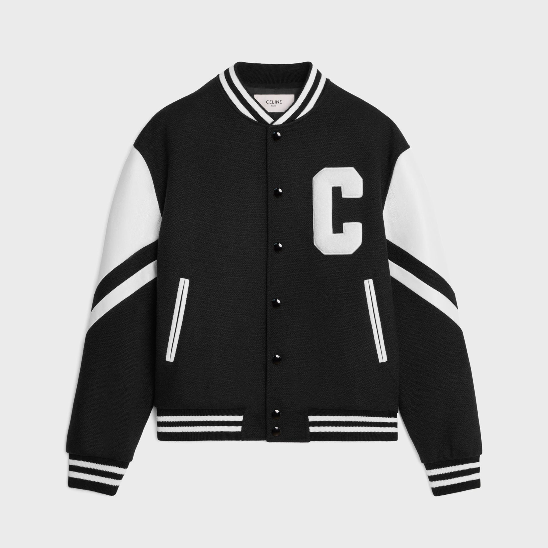 Celine Men's Spring And Autumn Jackson Textured Wool Baseball Patchwork Leather Single Breasted Long Sleeve Jacket Ngvp #1249