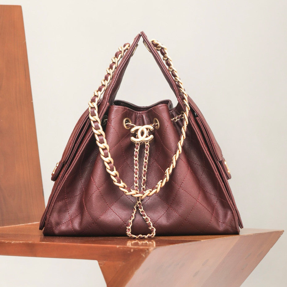 Chanel Women's Fashion Classic Solid Color Leather Logo Drawstring Underarm Bag Chain Handbag Tote Shoulder Bag Bags AS5293-B20304-U2367 Metallic-colored Leather Tends To Fade Easily #78855