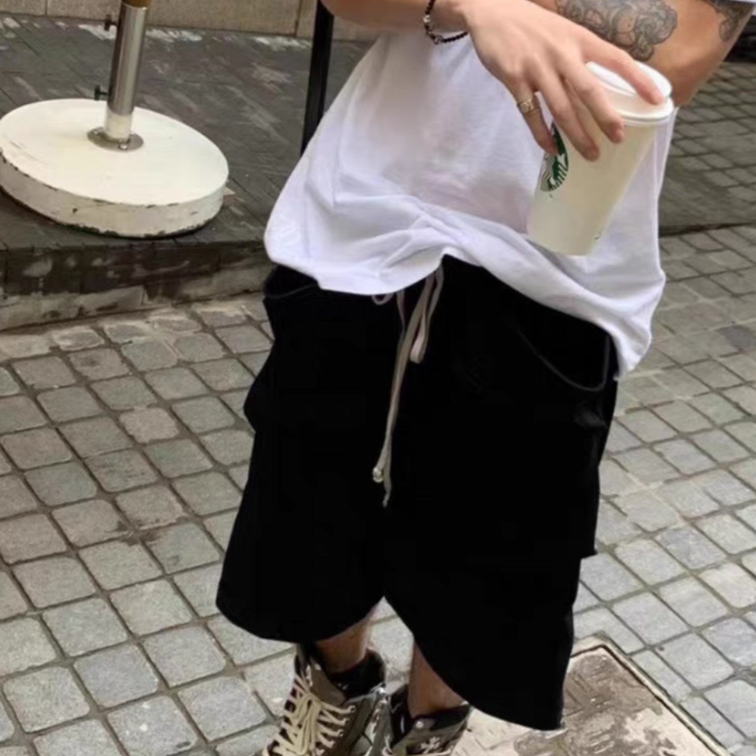Rick Owens X Dekshdw Men's Spring/summer Vintage High Street Broken Black Distressed Denim Shorts With Drawstring Pants Ngvp #8539