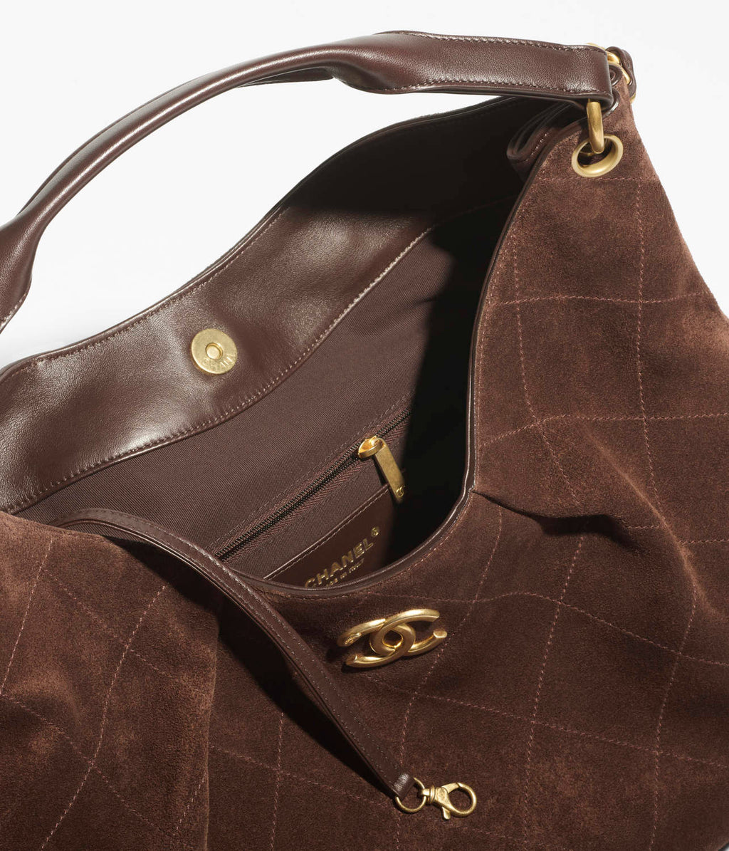Chanel Maxi Hobo Bag Suede Calfskin Lambskin Gold-tone Metal Dark Brown #336664