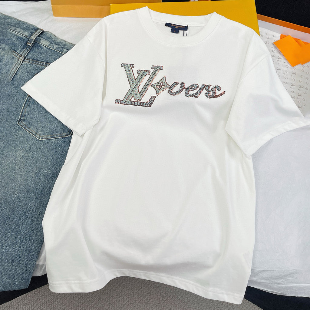 Louis Vuitton Men's Summer Logo Beaded Embroidery White Cotton Round Neck Short Sleeve T-Shirt #98378