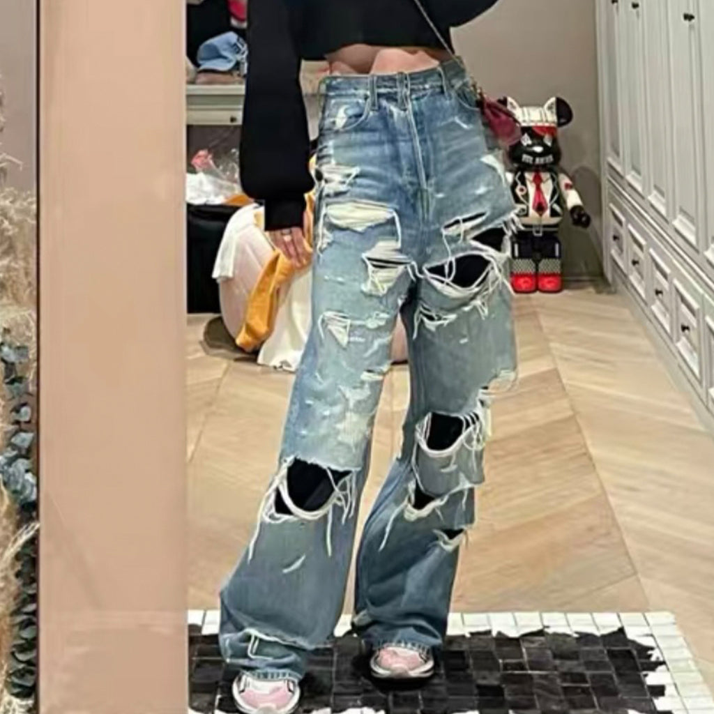Balenciaga Men's Women's Four Seasons Fashion Destroyed Denim Trousers Blue Double Layer Casual Fit Straight Jeans Pants Ngvp #8933