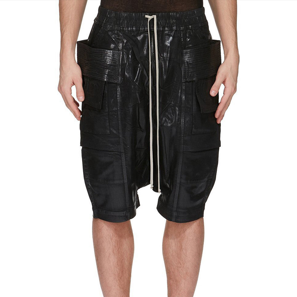 Rick Owens Dekshdw Men's Summer Flap Pocket Waxed Elastic Waist Solid Color Loose Fit Denim Shorts Ngvp #1548