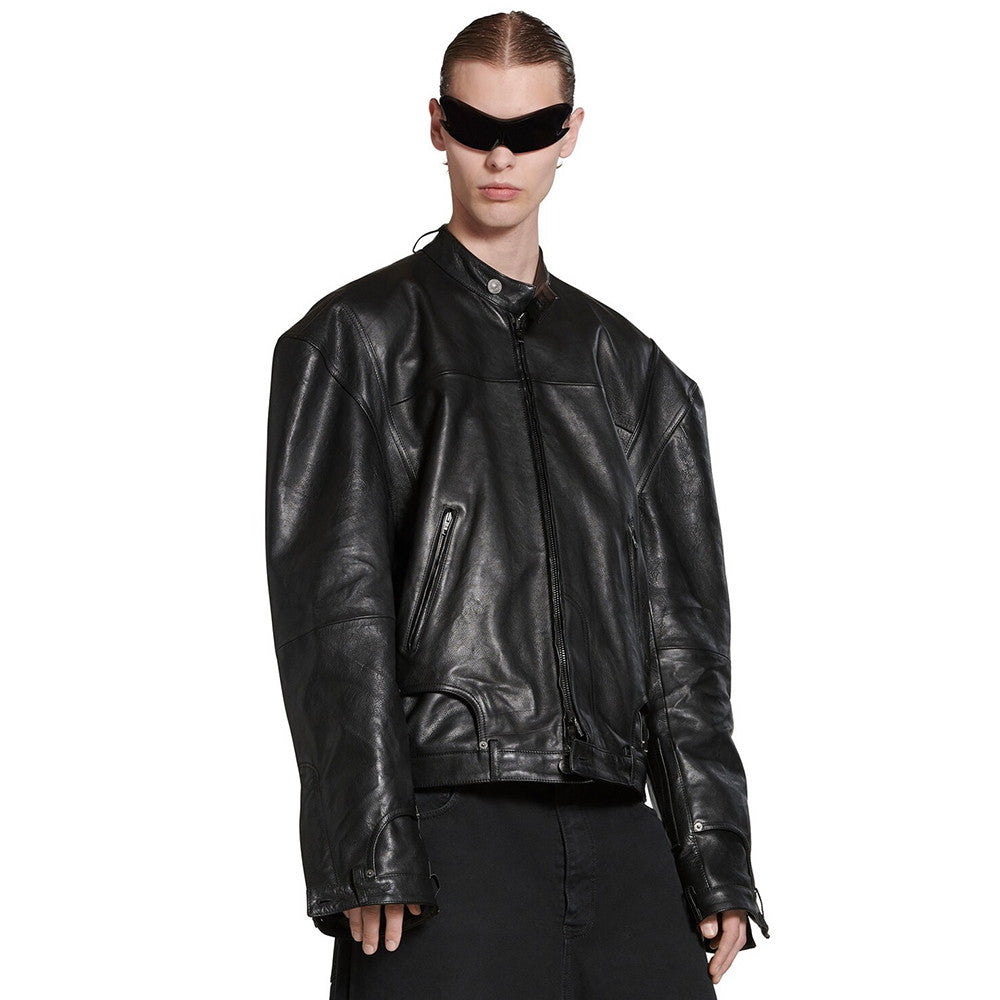 Balenciaga 25FW Cowhide Jacket Bew Double Zipper Ribbed Cuffs Leather Jacket Loose Version #332836