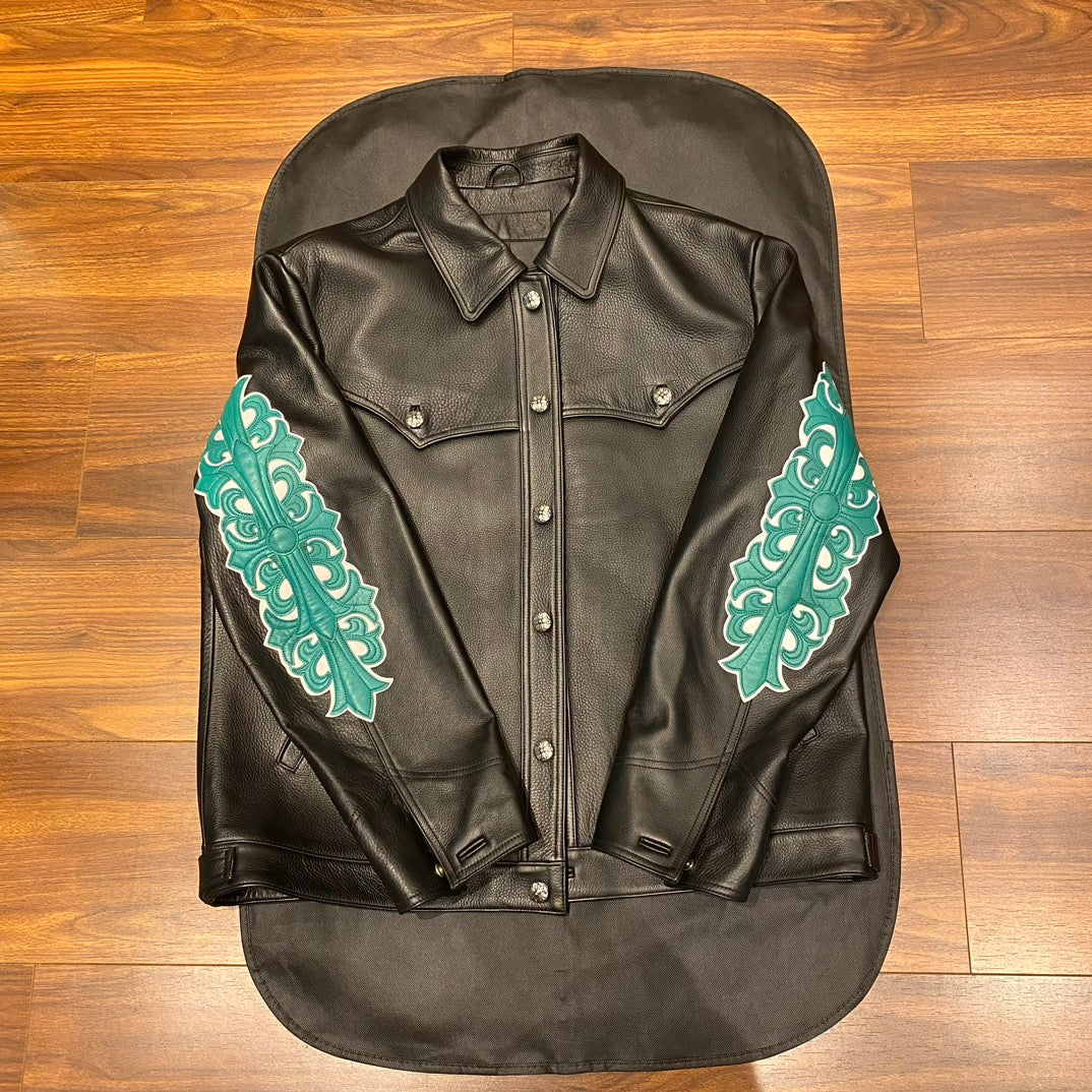 Chrome Hearts Men's Autumn and Winter Solid Color Cow Leather Single Breasted Long Sleeve Jacket #73972