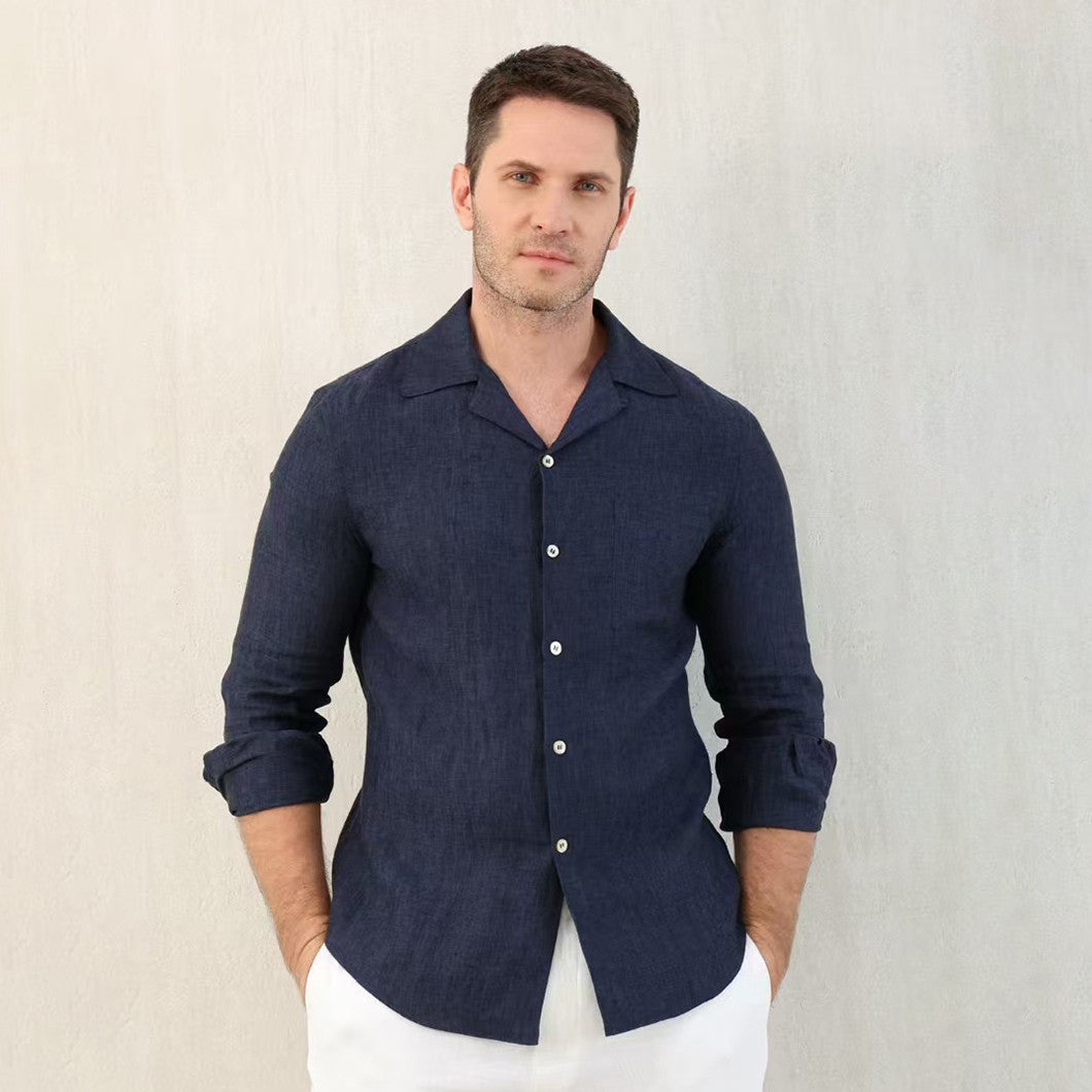 Brunello Cucinelli Men's Linen Easy Fit Shirt with Camp Collar and Chest Pocket Spring And Autumn Solid Color Long Sleeve Top Ngvp #1455