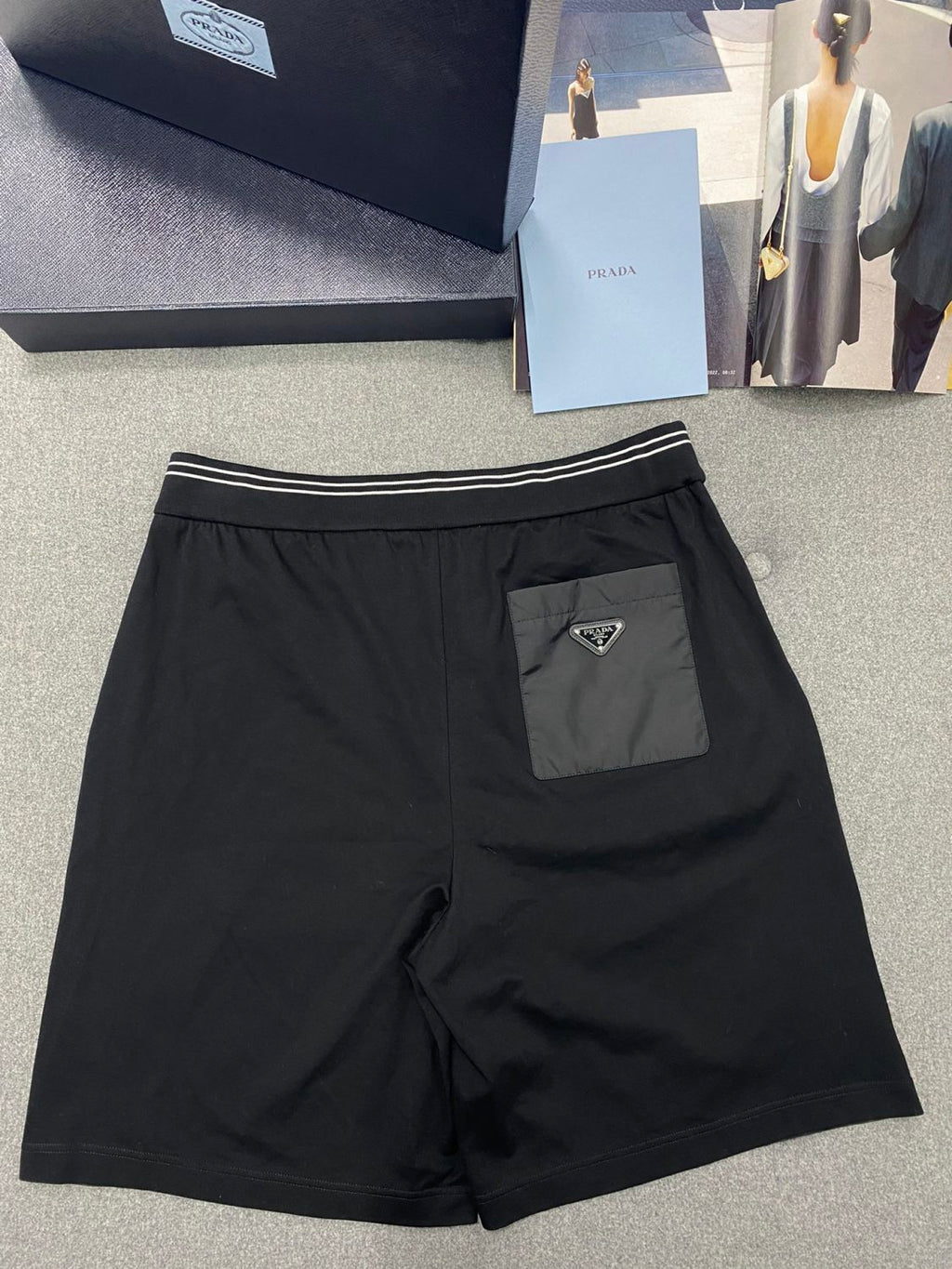 Prada Men's Summer Black Re-Nylon Detail Beaded Georgette Polo Shirt Short Sleeve Tee Striped Printed Bermuda Shorts Set Suit #99561