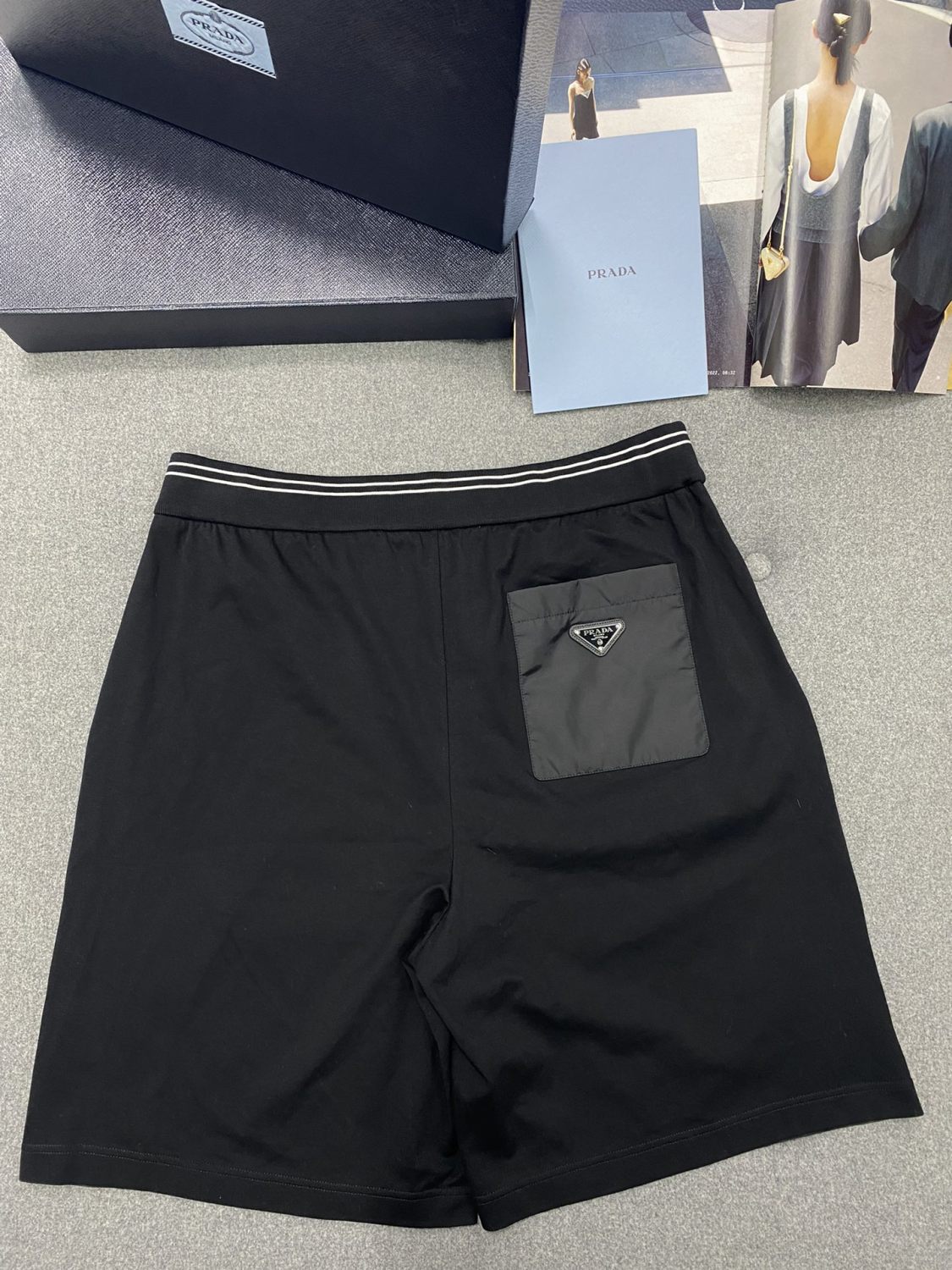 Prada Men's Summer Black Re-Nylon Detail Beaded Georgette Polo Shirt Short Sleeve Tee Striped Printed Bermuda Shorts Set Suit #99561
