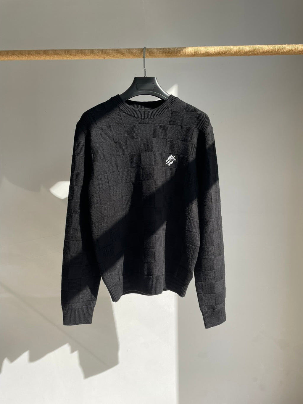 Louis Vuitton Men's Spring and Autumn Solid Color Check Printed Wool Round Neck Long Sleeve Knitted Sweater #74581