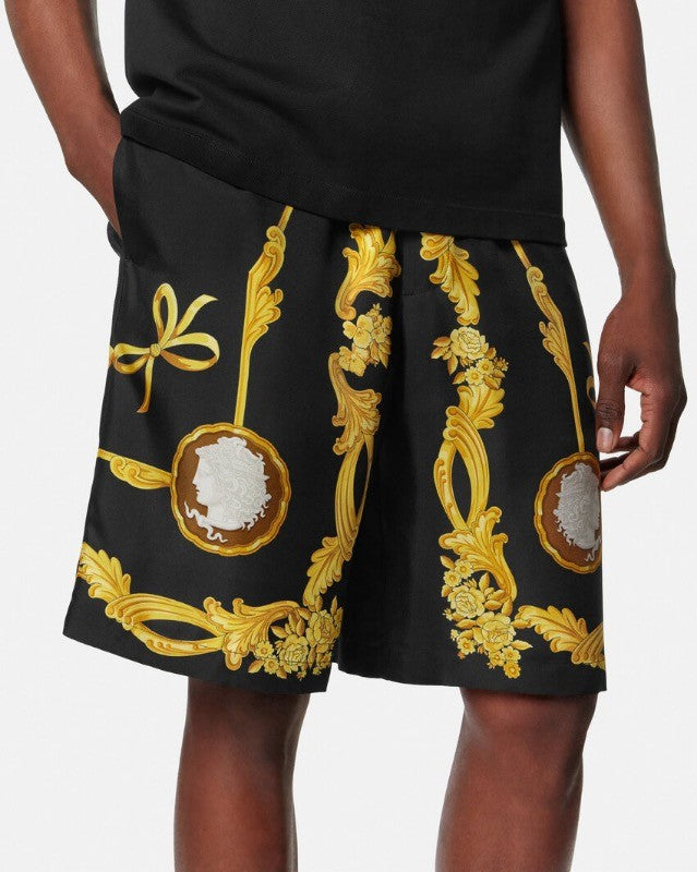 Versace Men's Medusa Cameo Printed Silk Luxury Black Gold Suit Fashion Spring Summer Trend Shirt Shorts Suit Set Ngvp #1728