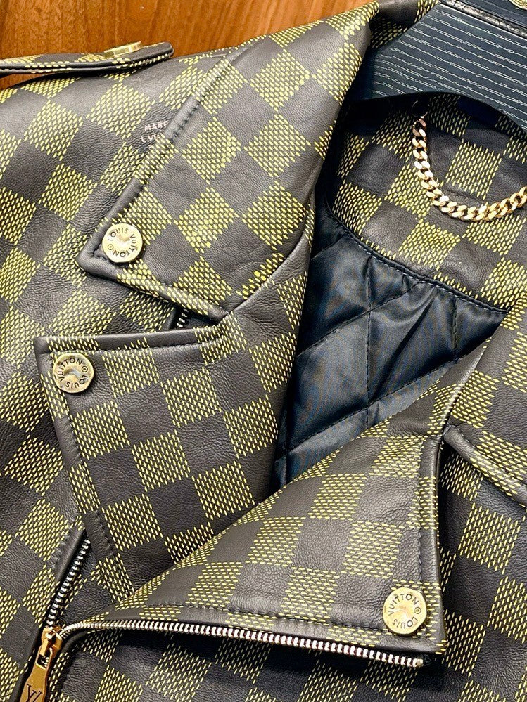 Louis Vuitton Men's Autumn and Winter Checkerboard Print Zipper Short Lapel Long Sleeve Leather Jacket #73267