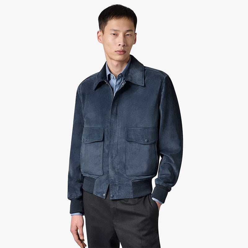 Berluti Men's Spring. Autumn And Winter Two-Way Zipper Solid Color Lapel Fit Long Sleeve Sheepskin Suede Aviator Jacket Ngvp #9449
