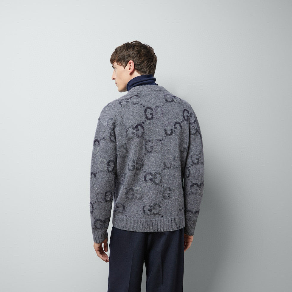 Gucci Men's Spring and Autumn Grey Pattern Appliquéd Single Breasted V-neck long Sleeved Knit Wool Cardigan With GG Intarsia #97794