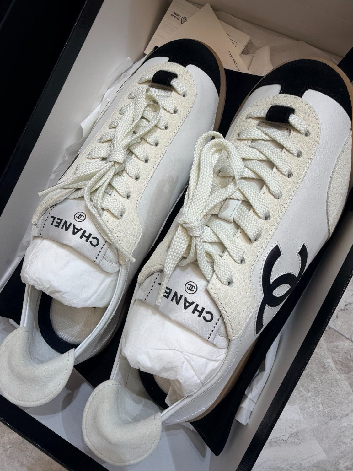 Chanel Sneakers Calfskin Embossed Suede Calfskin White Black #375474
