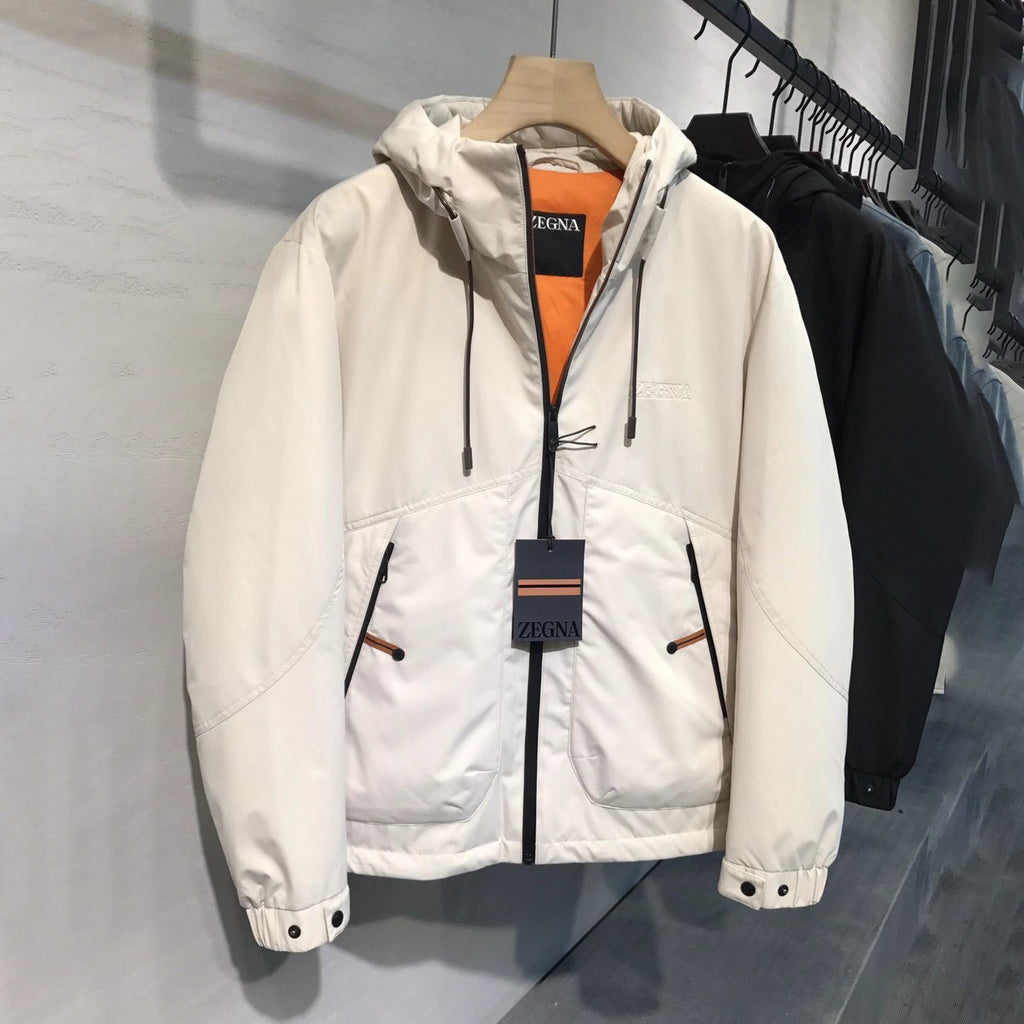 Ermenegildo Zegna Men's Winter Fashion Business Casual Solid Color Hooded Zipper Logo Print Down Jacket #79493