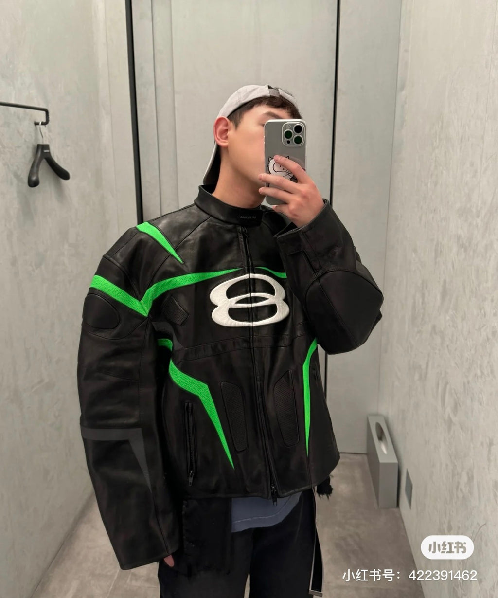 Balenciaga Men's Women's Autumn And Winter Cowhide Splicing Zipper Letters Embroidery Long Beard Loose Unity Sports Idol Black Racer Jacket Ngvp #8577