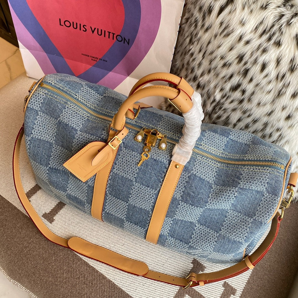 Louis Vuitton Keepall Bandoulière 50 Men's and Women's Detachable Adjustable Shoulder Strap Zipper Closure Denim Step Shoulder Tote Travel Bag Bags #75562