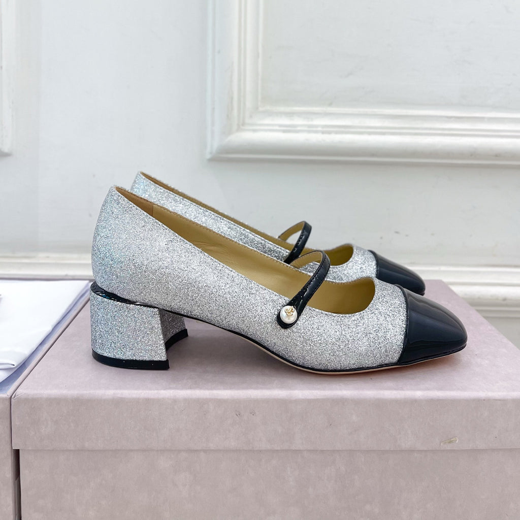 JIMMY CHOO ELISA 45 Women's Spring/Fall Fashion Classic Square Toe Slip On Chunky Heel High-Heel Two Tone Pearl Mary Jane Shoes #79448