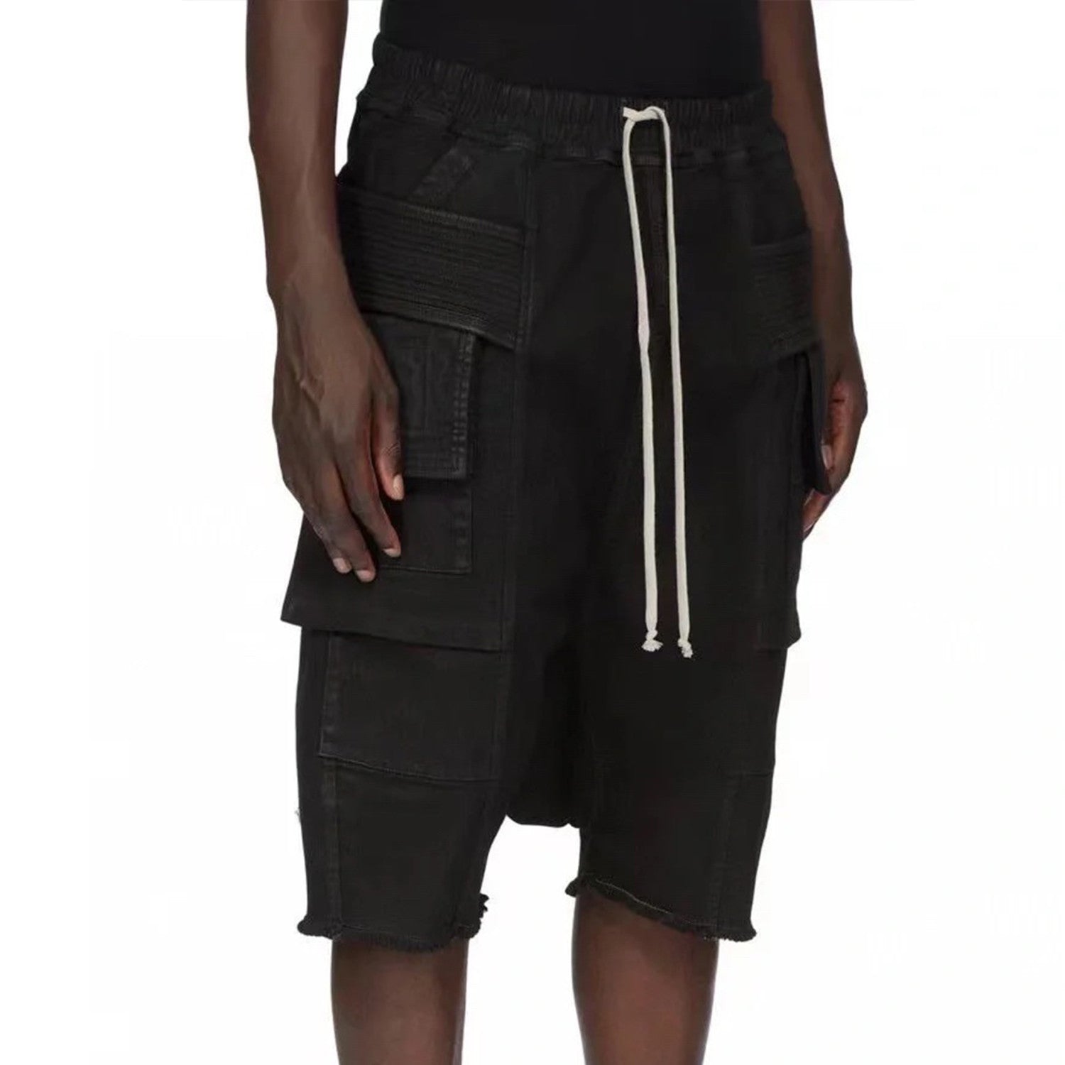 Rick Owens X Dekshdw Men's Spring/summer Vintage High Street Broken Black Distressed Denim Shorts With Drawstring Pants Ngvp #8539