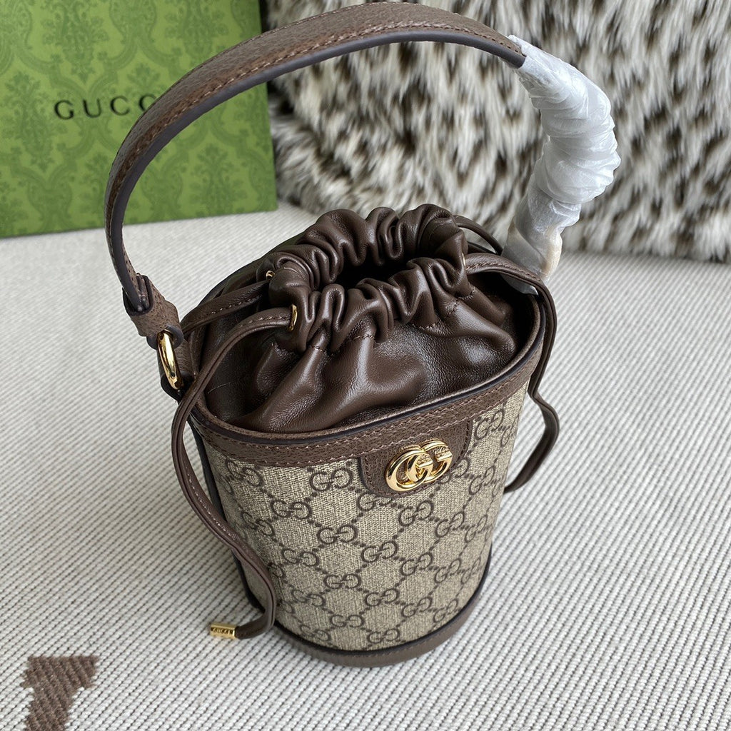 Gucci Ophidia Women's Brown Adjustable Shoulder Strap Drawstring Closure Canvas Spell Leather Bucket Bag Single Shoulder Crossbody Handbag Bags #75549